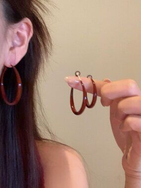 Trendy Burgundy Red Oval Hoop Earrings Smooth Glossy Everyday Hoops